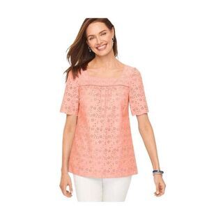Talbots Blouse Women XL Pink Eyelet Floral  Feminine Cottagecore Peasant